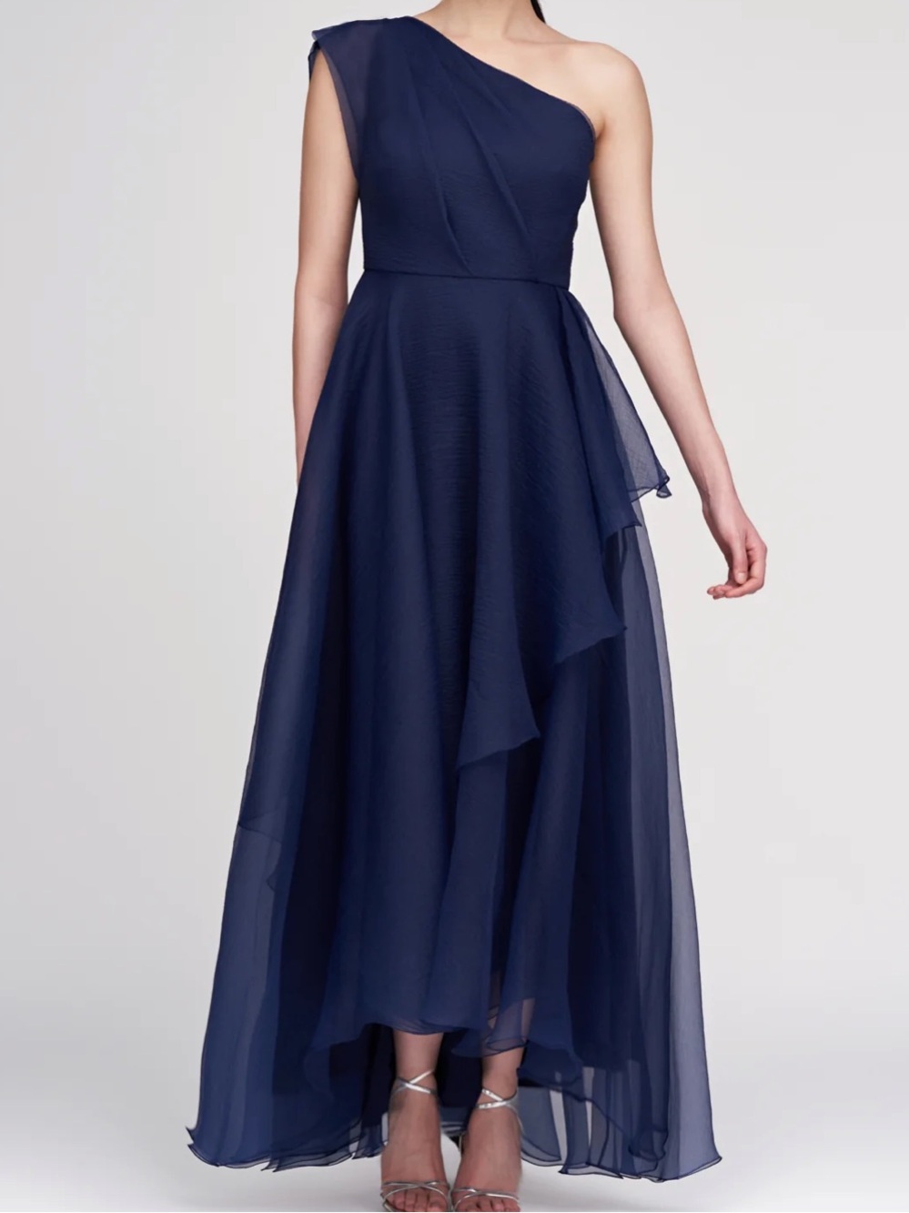 Theia Savannah One Shoulder Gown Nautical Navy High Low Chiffon Dress 4 NWT